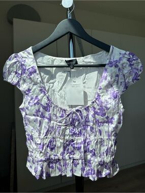 REVOLVE White + Lavender Floral Tie-Front Smocked Crop Top